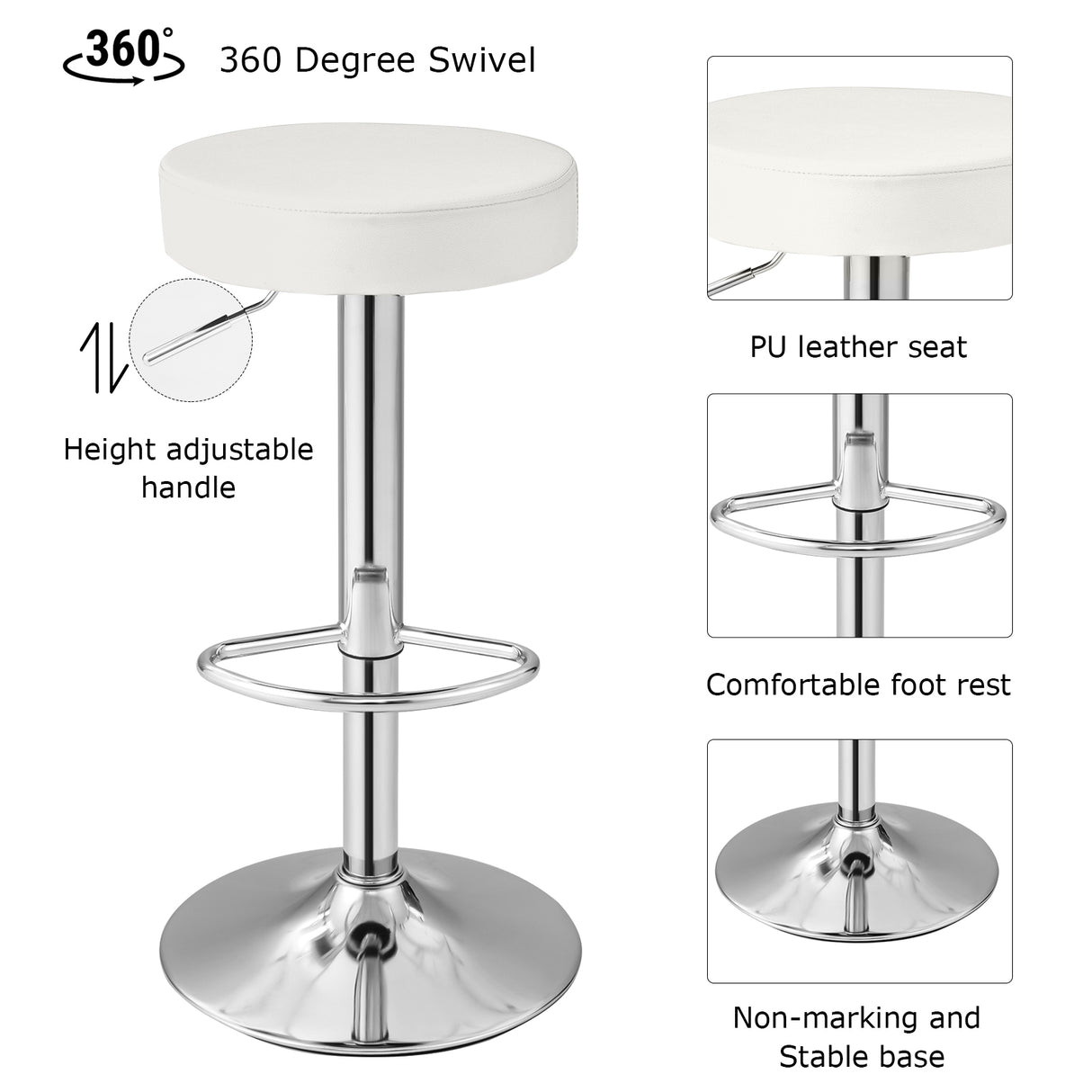 Set of 2 Adjustable Round PU Leather Swivel Barstool with Chrome Footrest