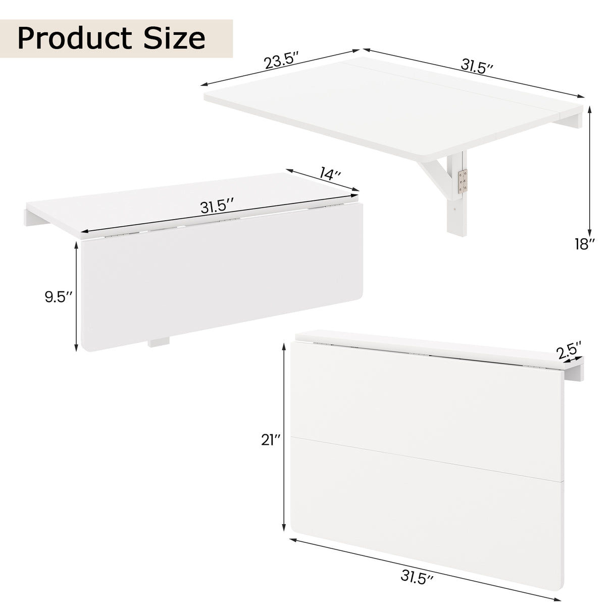 31.5 x 23.5 Inch Wall Mounted Folding Table for Small Spaces