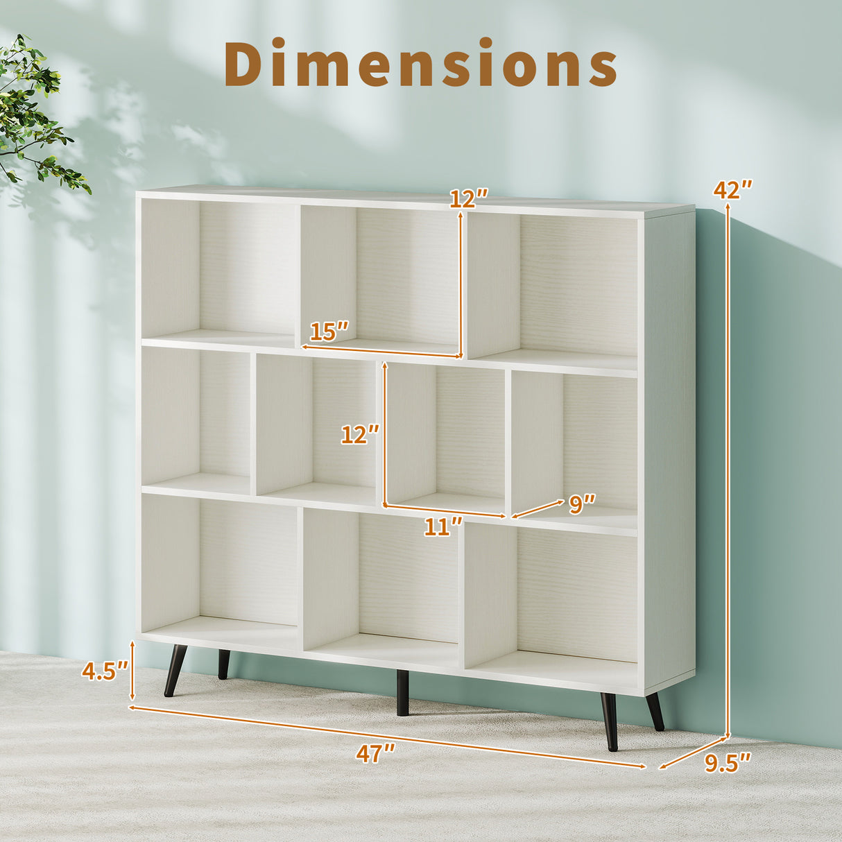 8-Cube Bookcase with 5 Tapered Metal Legs