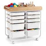 10-Drawer Rolling Cart with Wooden Tabletop and Lockable Wheels for Office