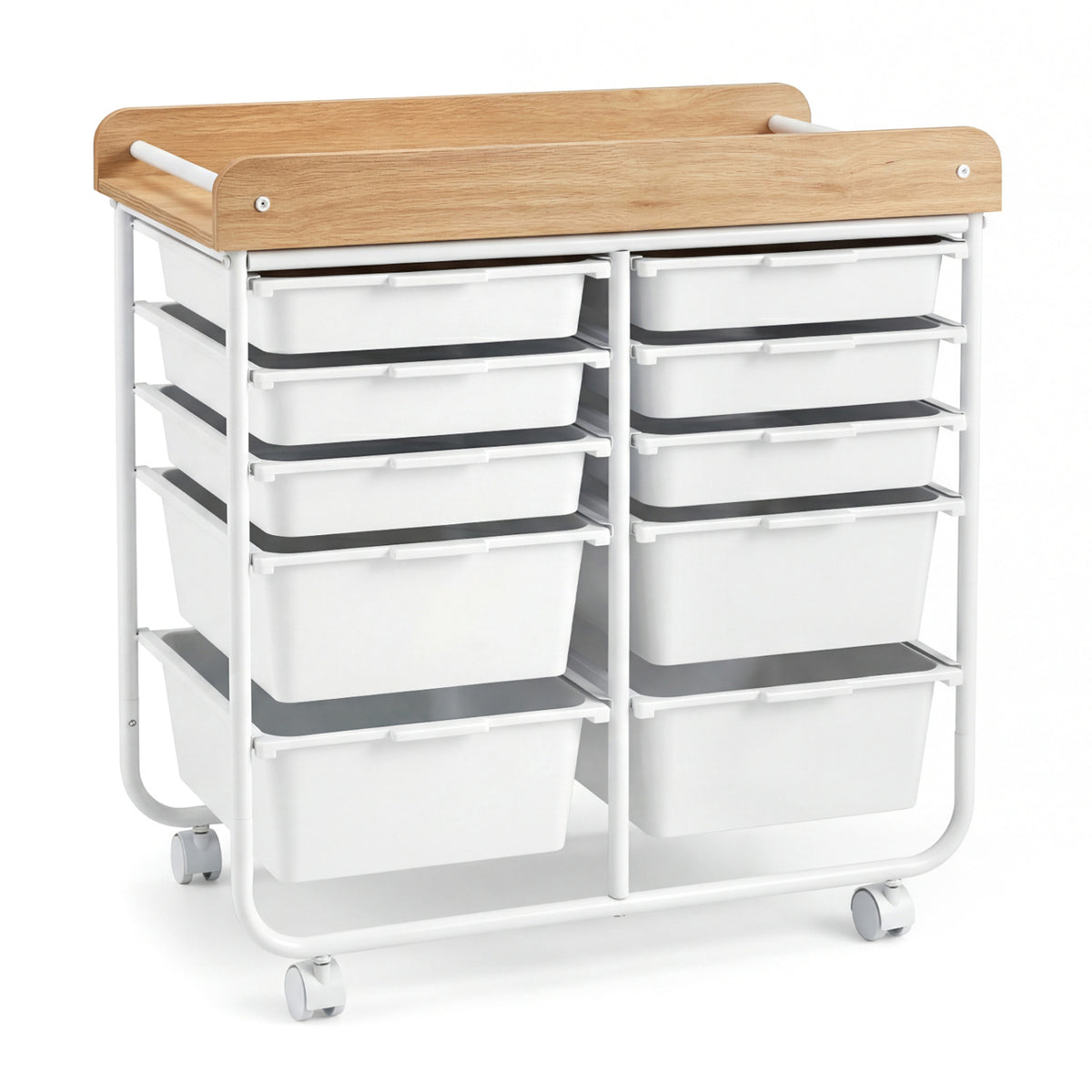 10-Drawer Rolling Cart with Wooden Tabletop and Lockable Wheels for Office