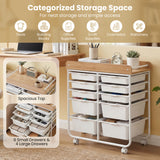 10-Drawer Rolling Cart with Wooden Tabletop and Lockable Wheels for Office
