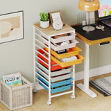 10-Drawer Rolling Storage Cart Mobile Utility Organizer with Wooden Tabletop and Lockable Wheels