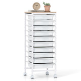 10-Drawer Rolling Storage Cart Mobile Utility Organizer with Wooden Tabletop and Lockable Wheels