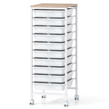 10-Drawer Rolling Storage Cart Mobile Utility Organizer with Wooden Tabletop and Lockable Wheels