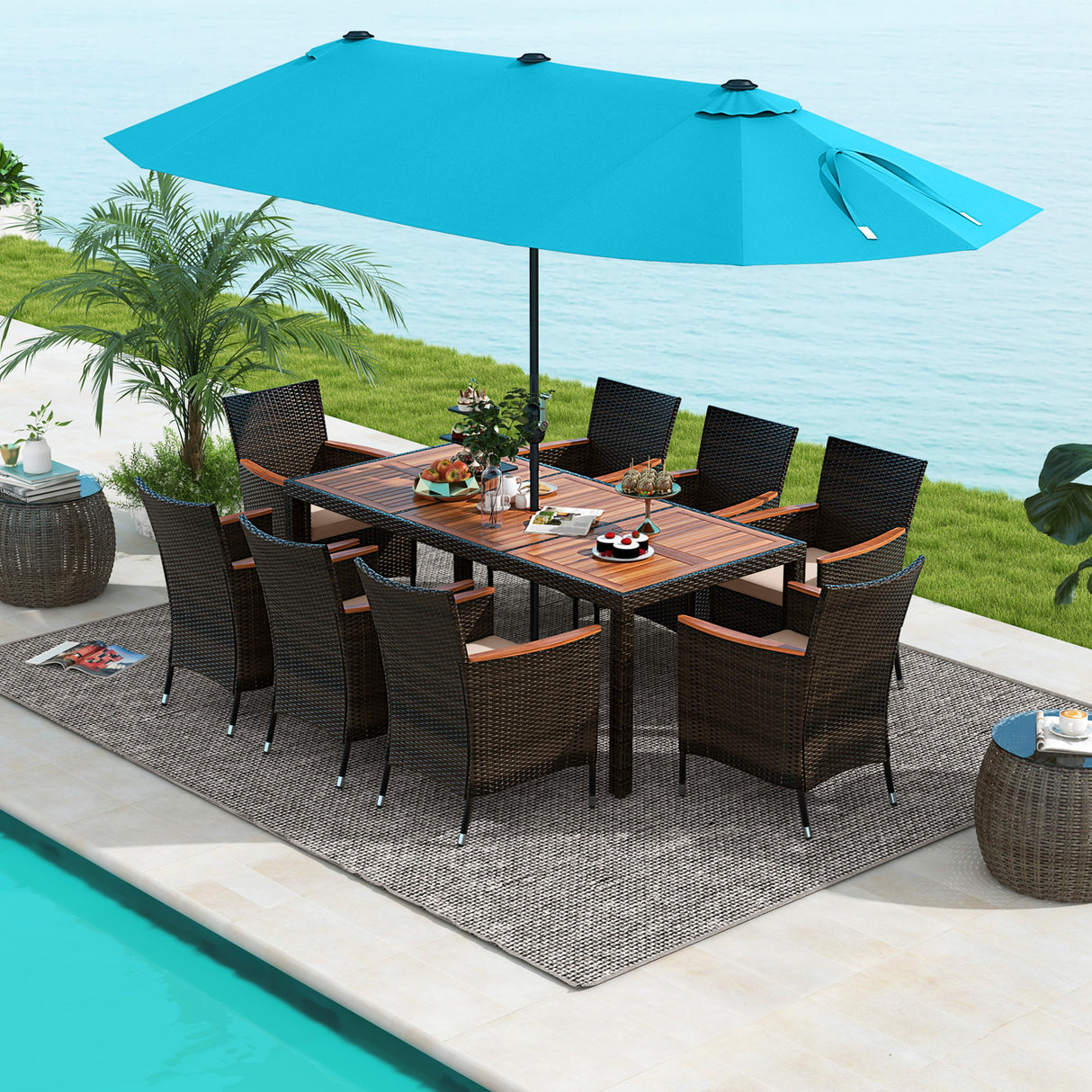10 Piece Outdoor Dining Set with 15 Feet Double-Sided Twin Patio Umbrella