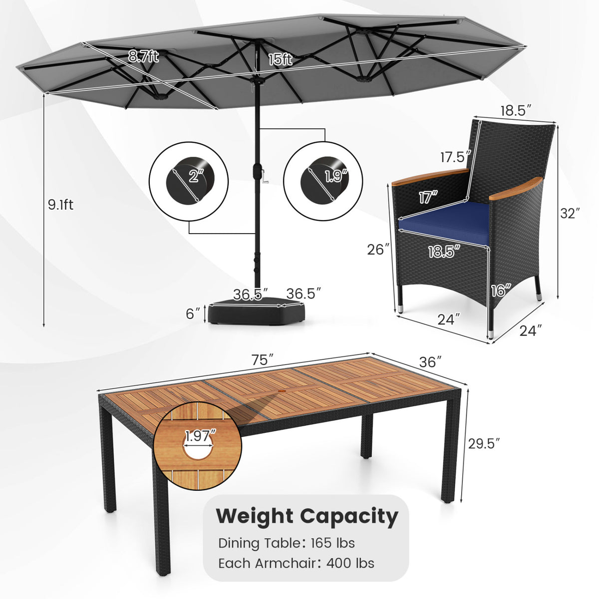 10 Piece Outdoor Patio Dining Set with 15 Feet Double-Sided Twin Umbrella