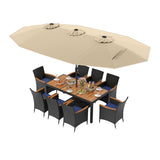 10 Piece Outdoor Patio Dining Set with 15 Feet Double-Sided Twin Umbrella