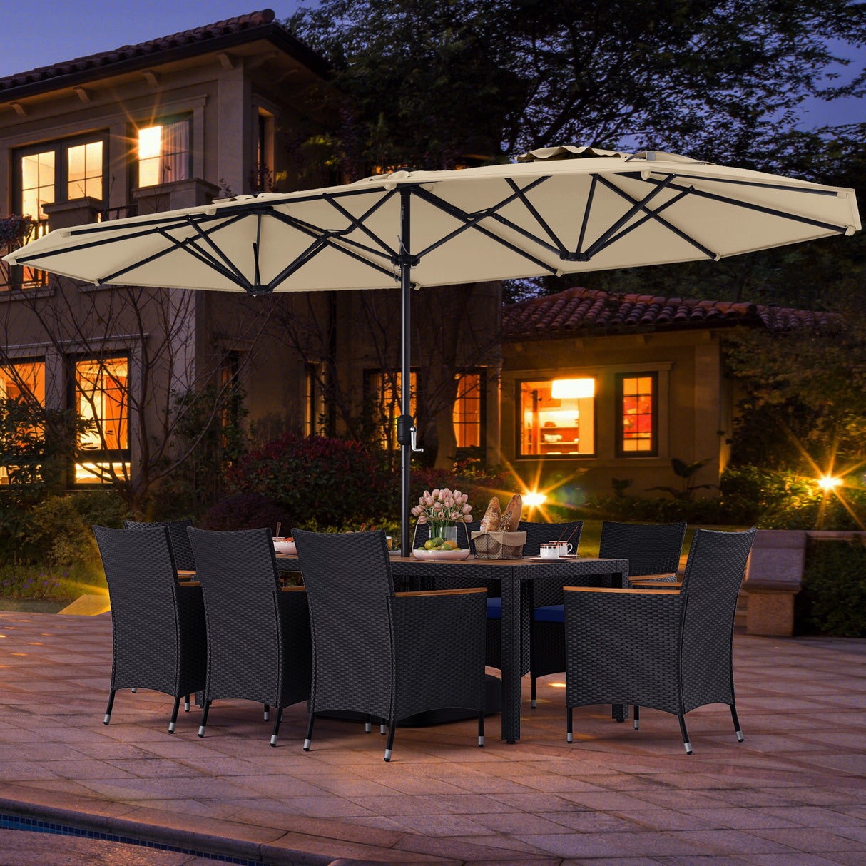 10 Piece Outdoor Patio Dining Set with 15 Feet Double-Sided Twin Umbrella