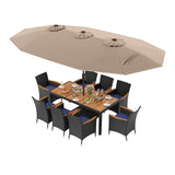 10 Piece Outdoor Patio Dining Set with 15 Feet Double-Sided Twin Umbrella