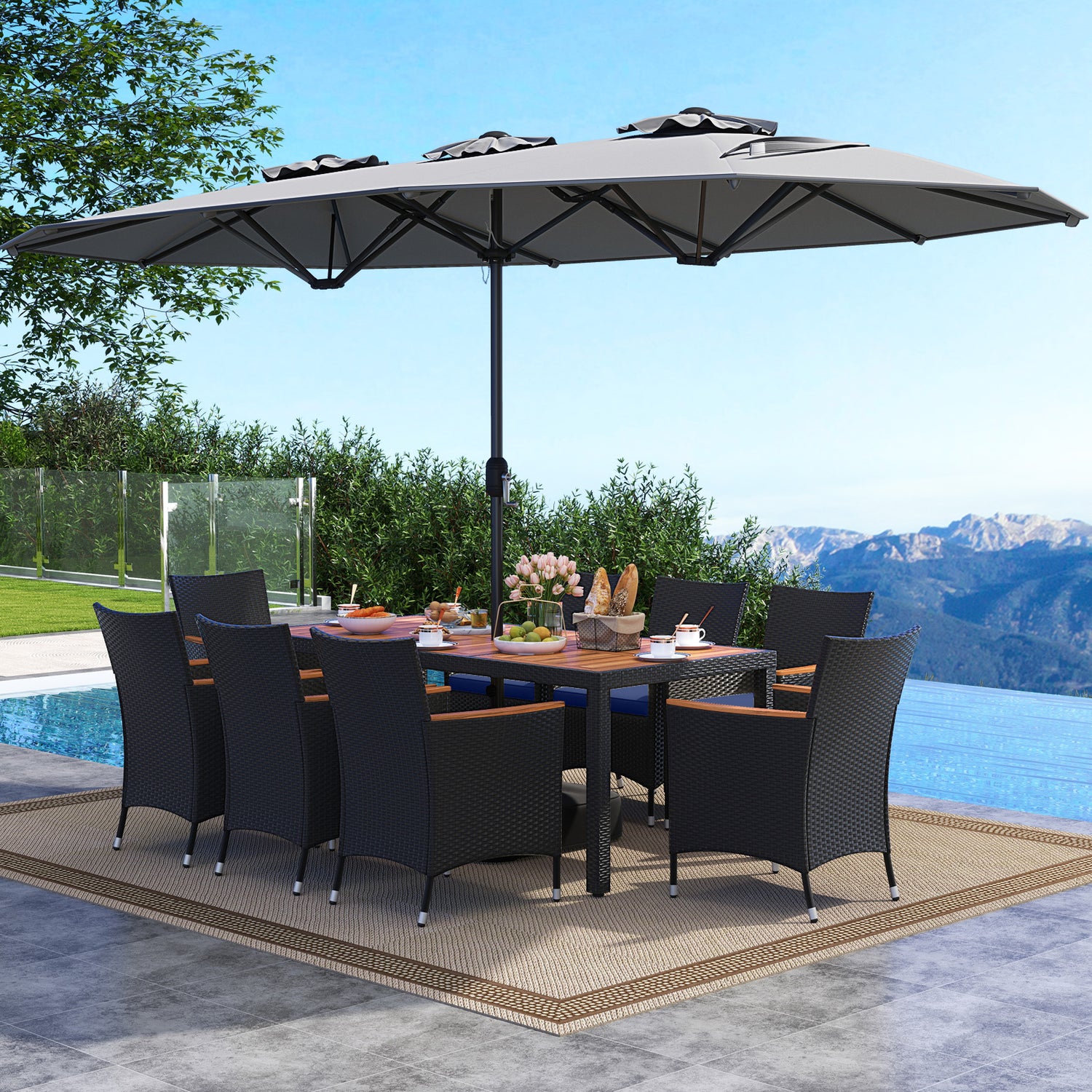 10 Piece Outdoor Patio Dining Set with 15 Feet Double-Sided Twin Umbrella