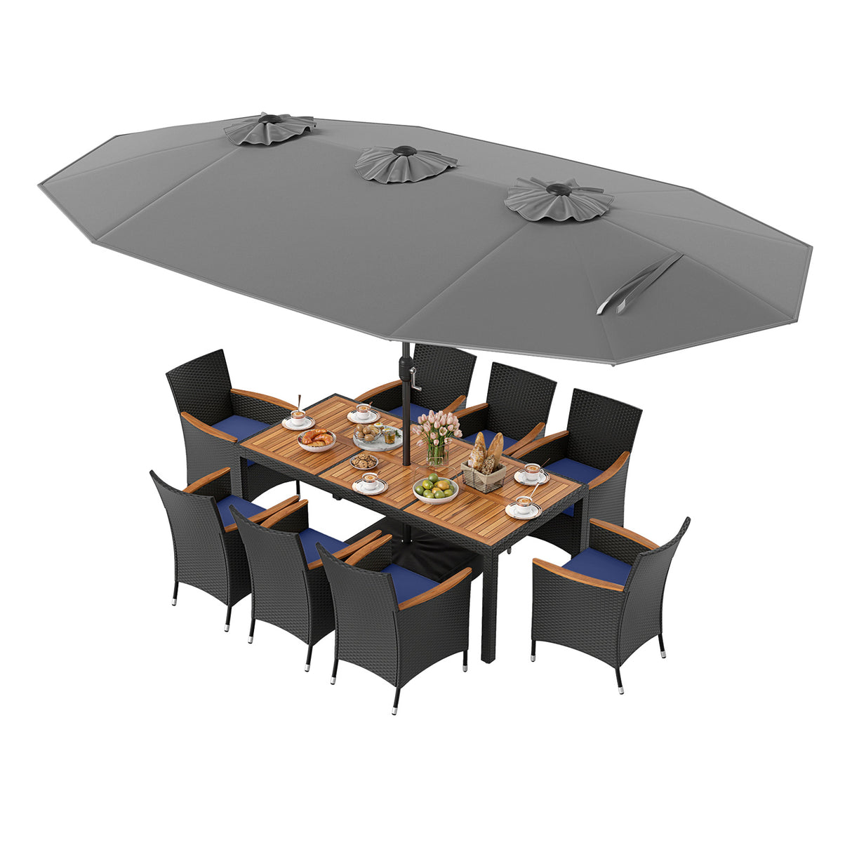10 Piece Outdoor Patio Dining Set with 15 Feet Double-Sided Twin Umbrella