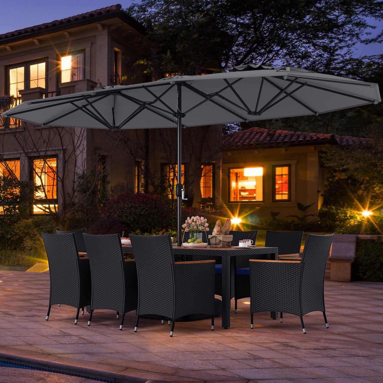 10 Piece Outdoor Patio Dining Set with 15 Feet Double-Sided Twin Umbrella