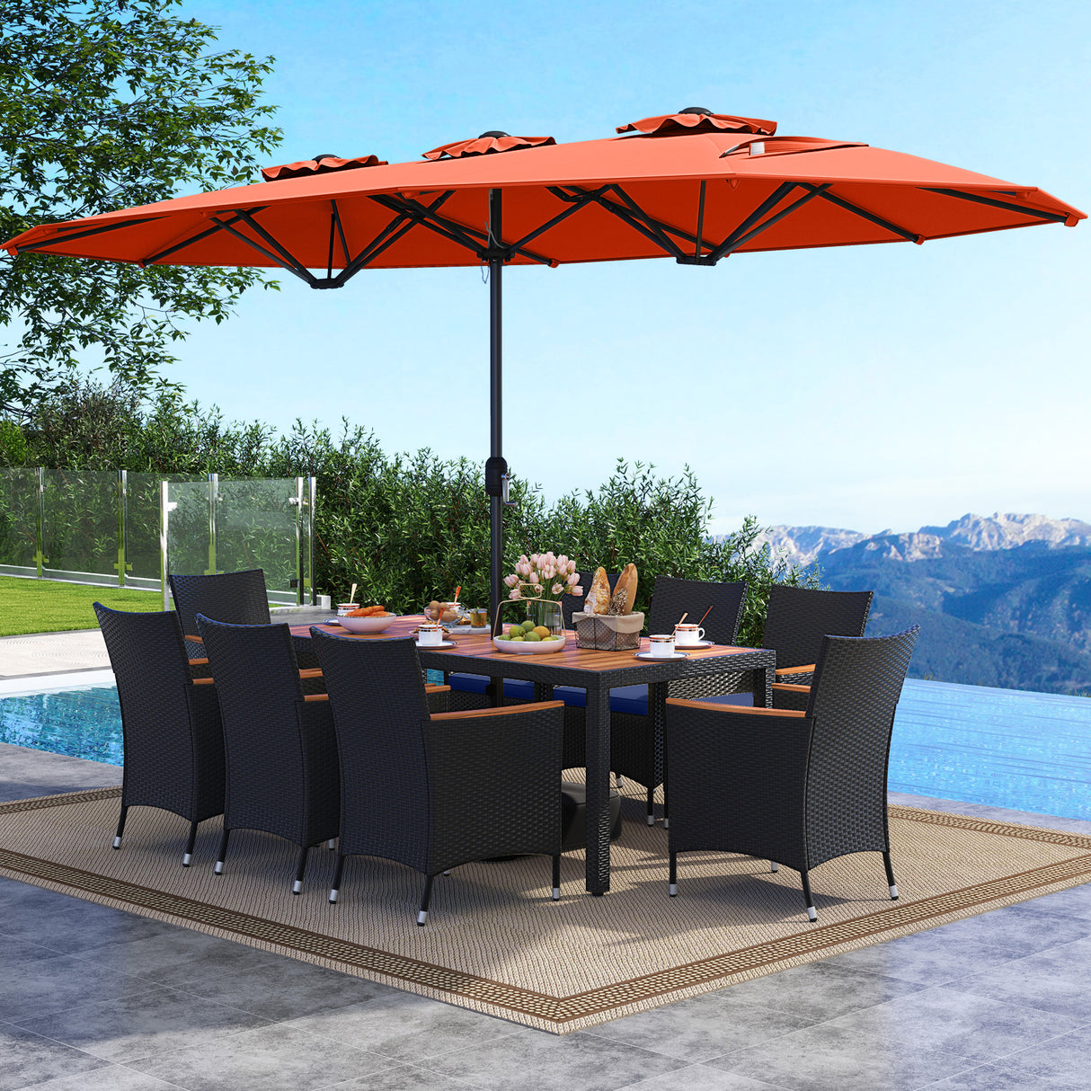 10 Piece Outdoor Patio Dining Set with 15 Feet Double-Sided Twin Umbrella