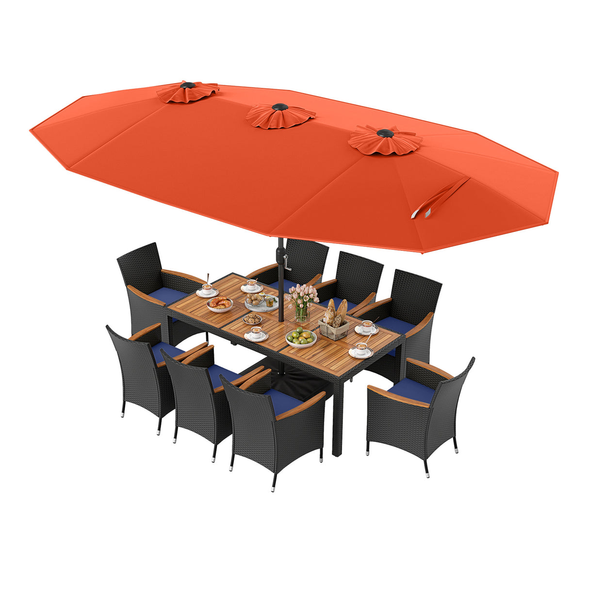 10 Piece Outdoor Patio Dining Set with 15 Feet Double-Sided Twin Umbrella