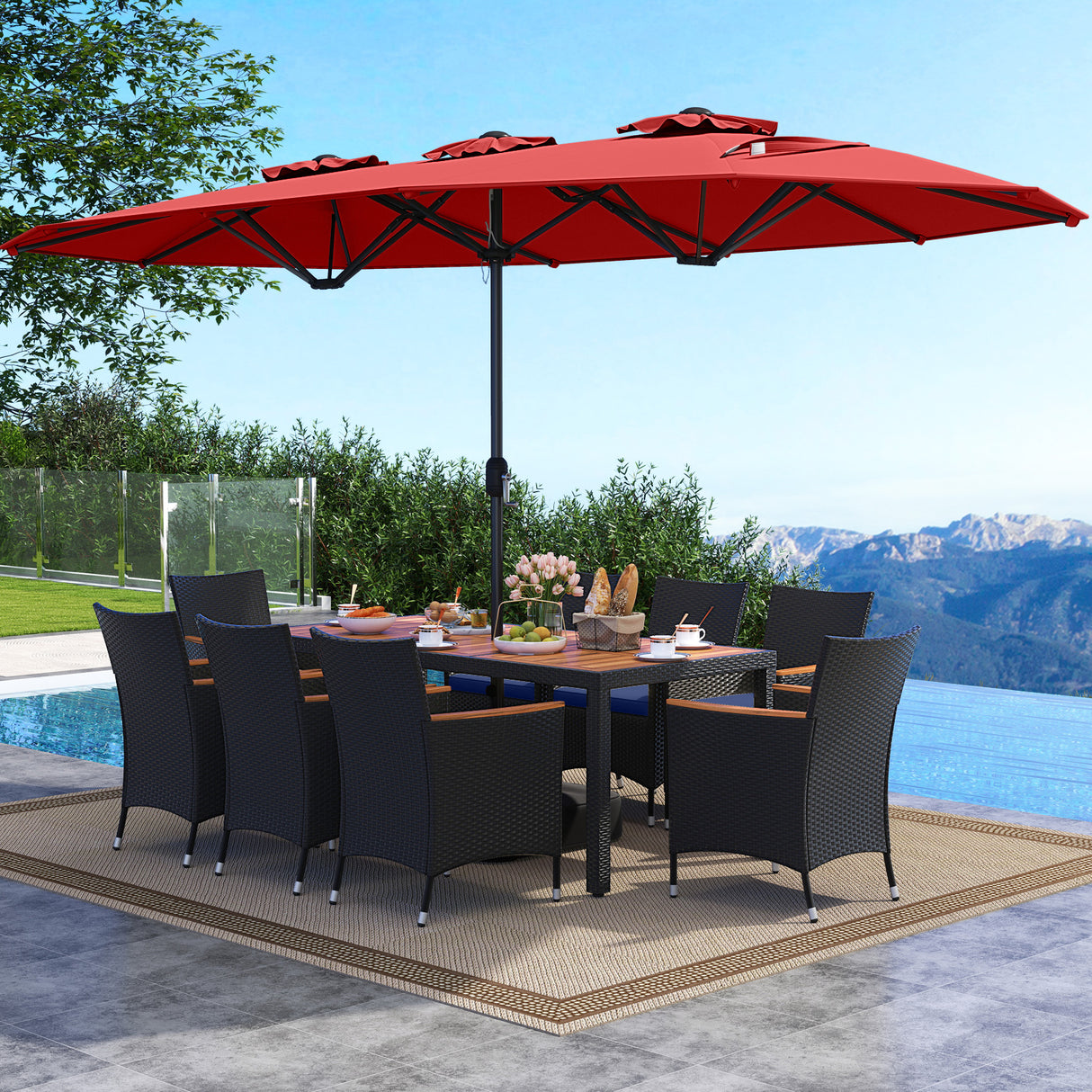 10 Piece Outdoor Patio Dining Set with 15 Feet Double-Sided Twin Umbrella