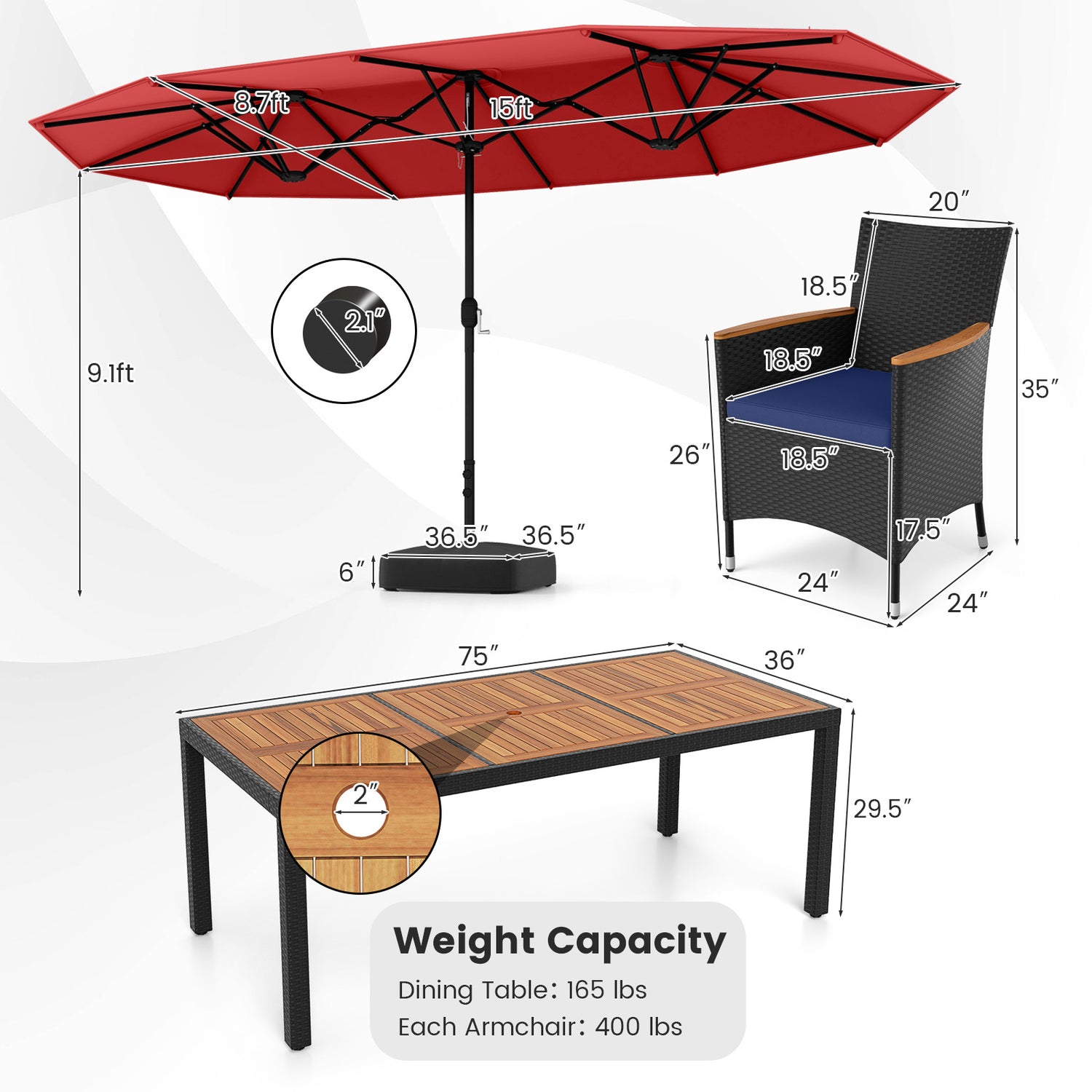 10 Piece Outdoor Patio Dining Set with 15 Feet Double-Sided Twin Umbrella