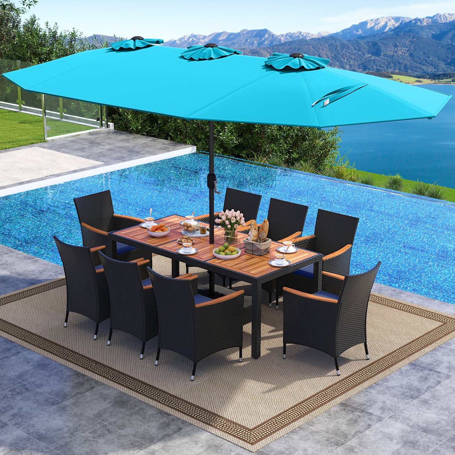 10 Piece Outdoor Patio Dining Set with 15 Feet Double-Sided Twin Umbrella