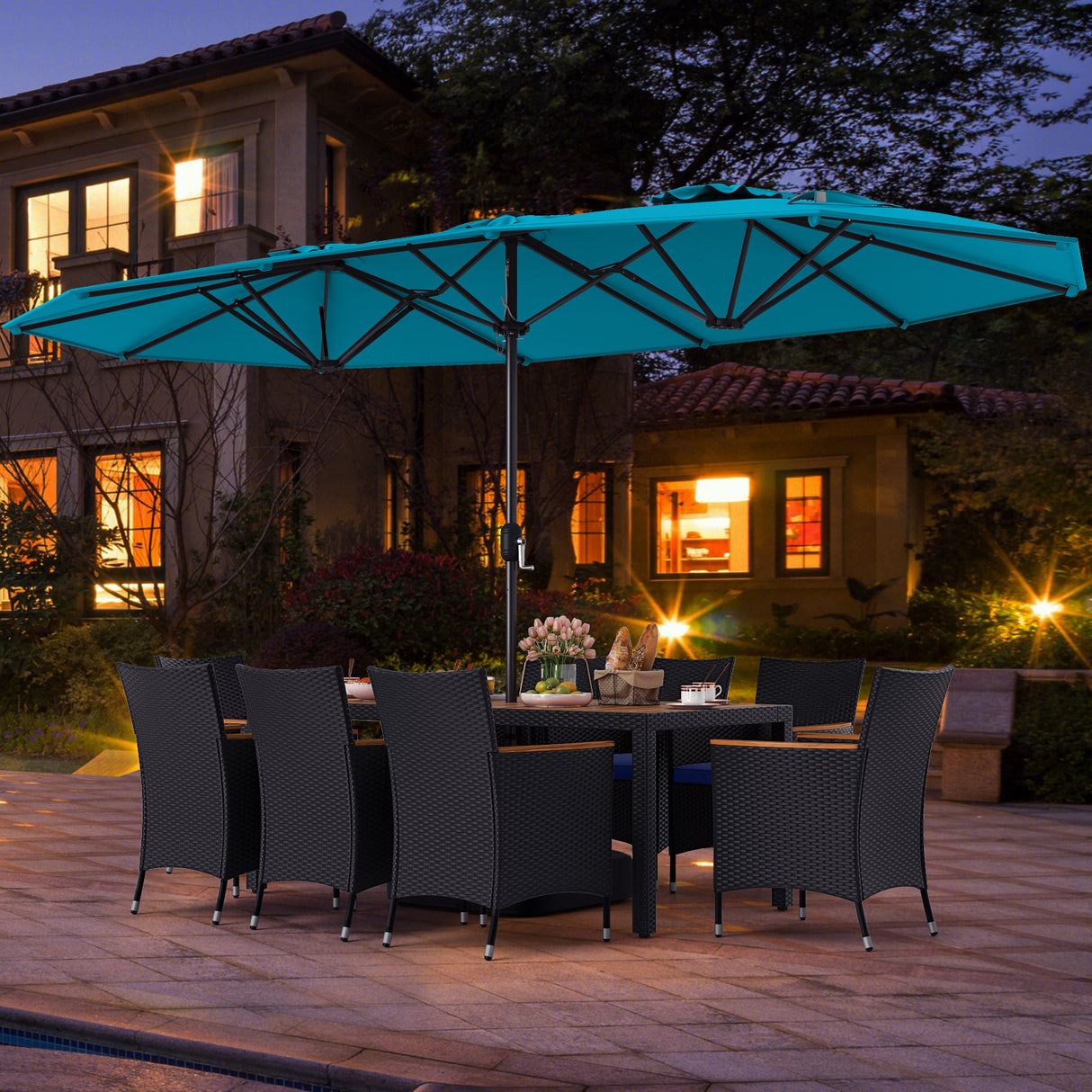 10 Piece Outdoor Patio Dining Set with 15 Feet Double-Sided Twin Umbrella