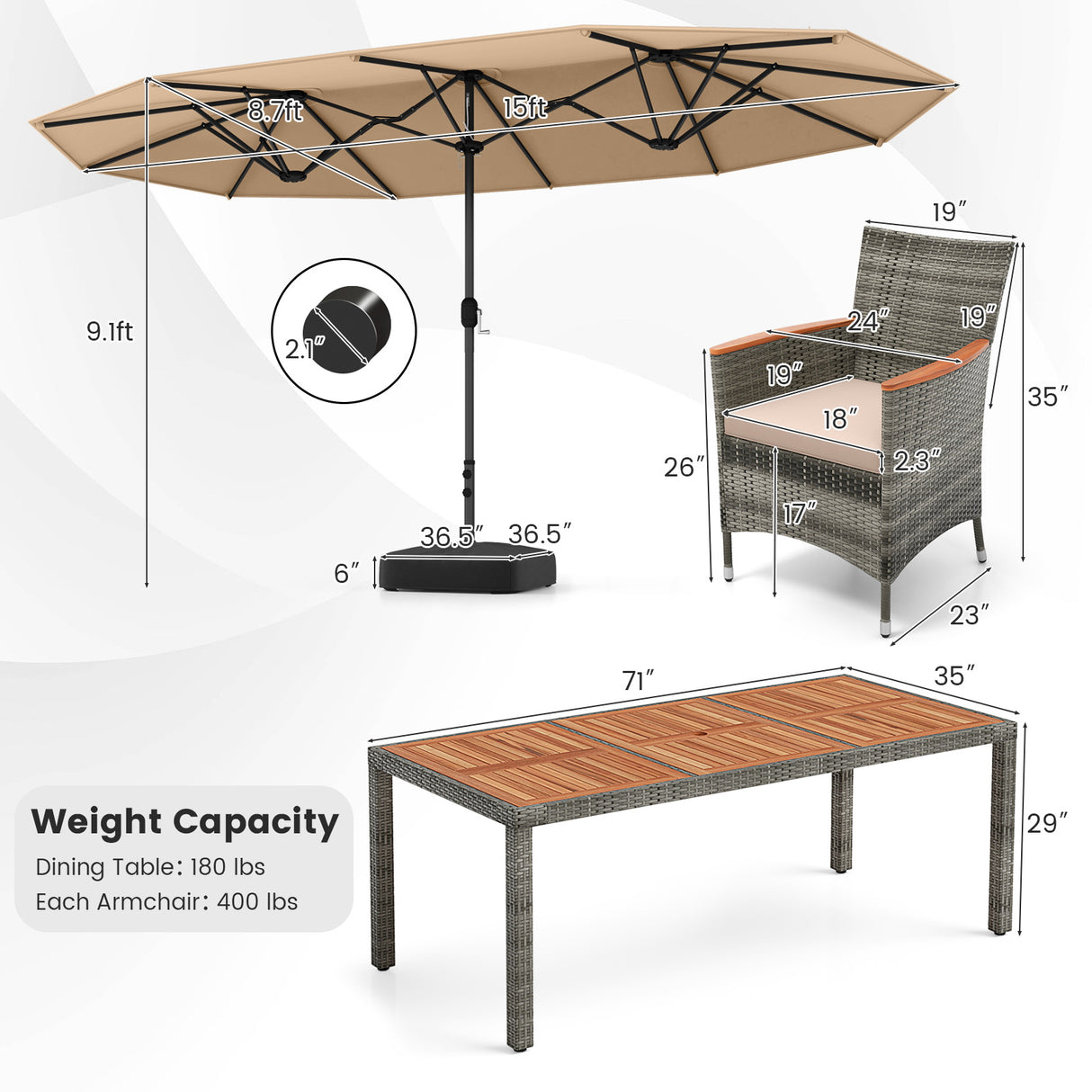 10 Pieces Patio Wicker Dining Set with 15 Feet Double-Sided Patio Umbrella