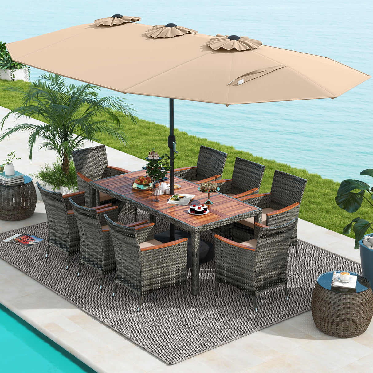 10 Pieces Patio Wicker Dining Set with 15 Feet Double-Sided Patio Umbrella