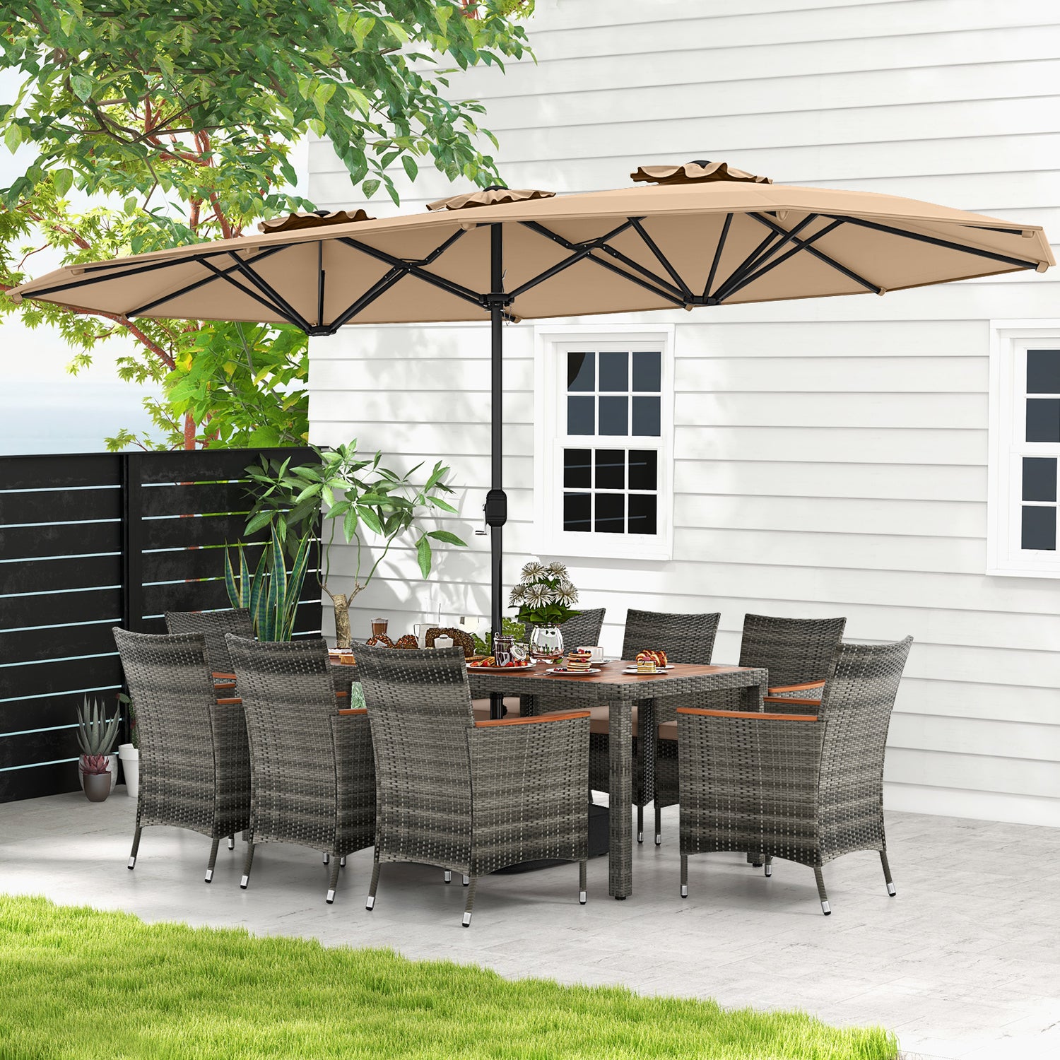 10 Pieces Patio Wicker Dining Set with 15 Feet Double-Sided Patio Umbrella