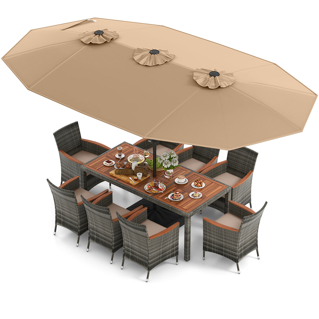 10 Pieces Patio Wicker Dining Set with 15 Feet Double-Sided Patio Umbrella