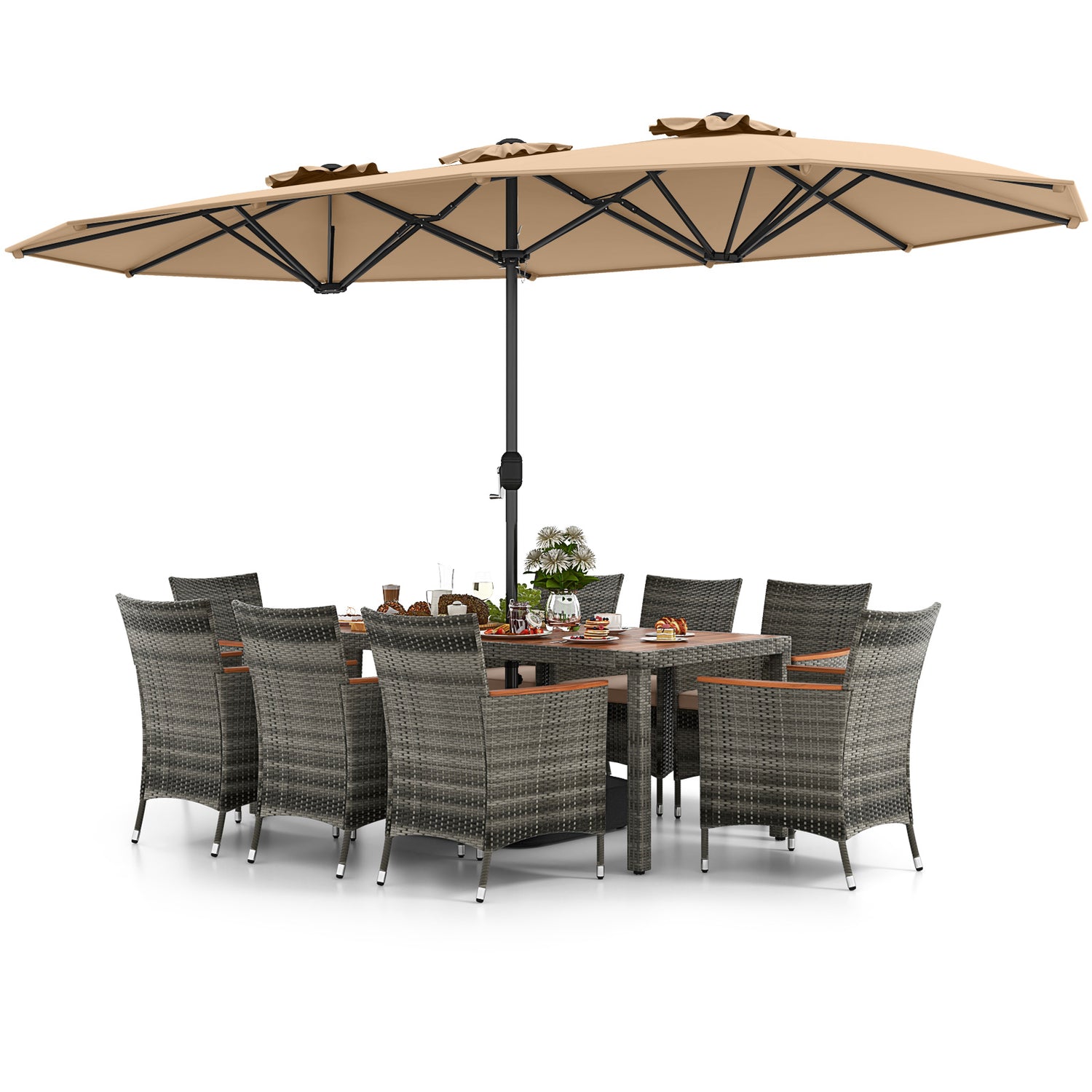 10 Pieces Patio Wicker Dining Set with 15 Feet Double-Sided Patio Umbrella