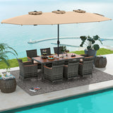 10 Pieces Patio Wicker Dining Set with 15 Feet Double-Sided Patio Umbrella