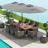 10 Pieces Patio Wicker Dining Set with 15 Feet Double-Sided Patio Umbrella