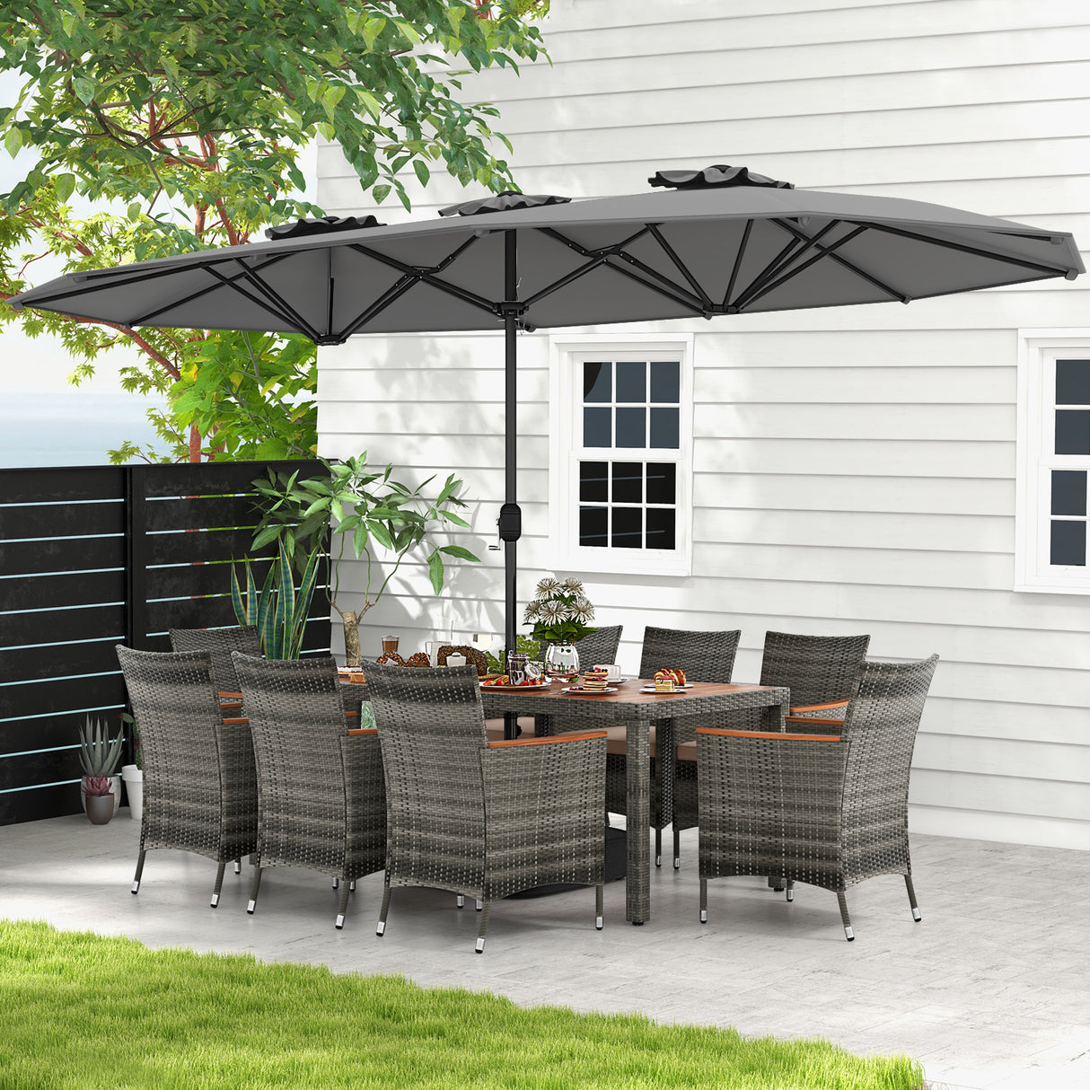10 Pieces Patio Wicker Dining Set with 15 Feet Double-Sided Patio Umbrella