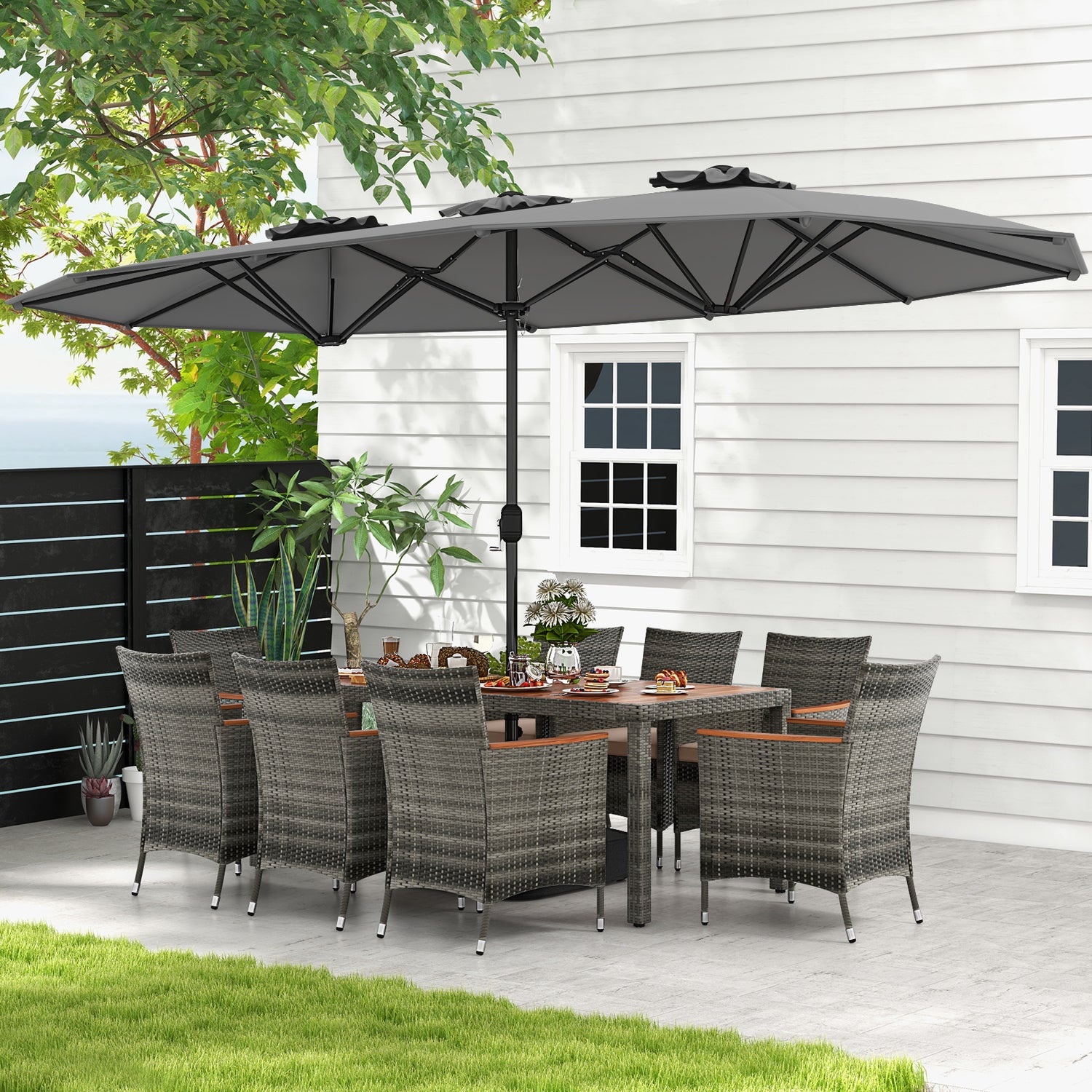 10 Pieces Patio Wicker Dining Set with 15 Feet Double-Sided Patio Umbrella