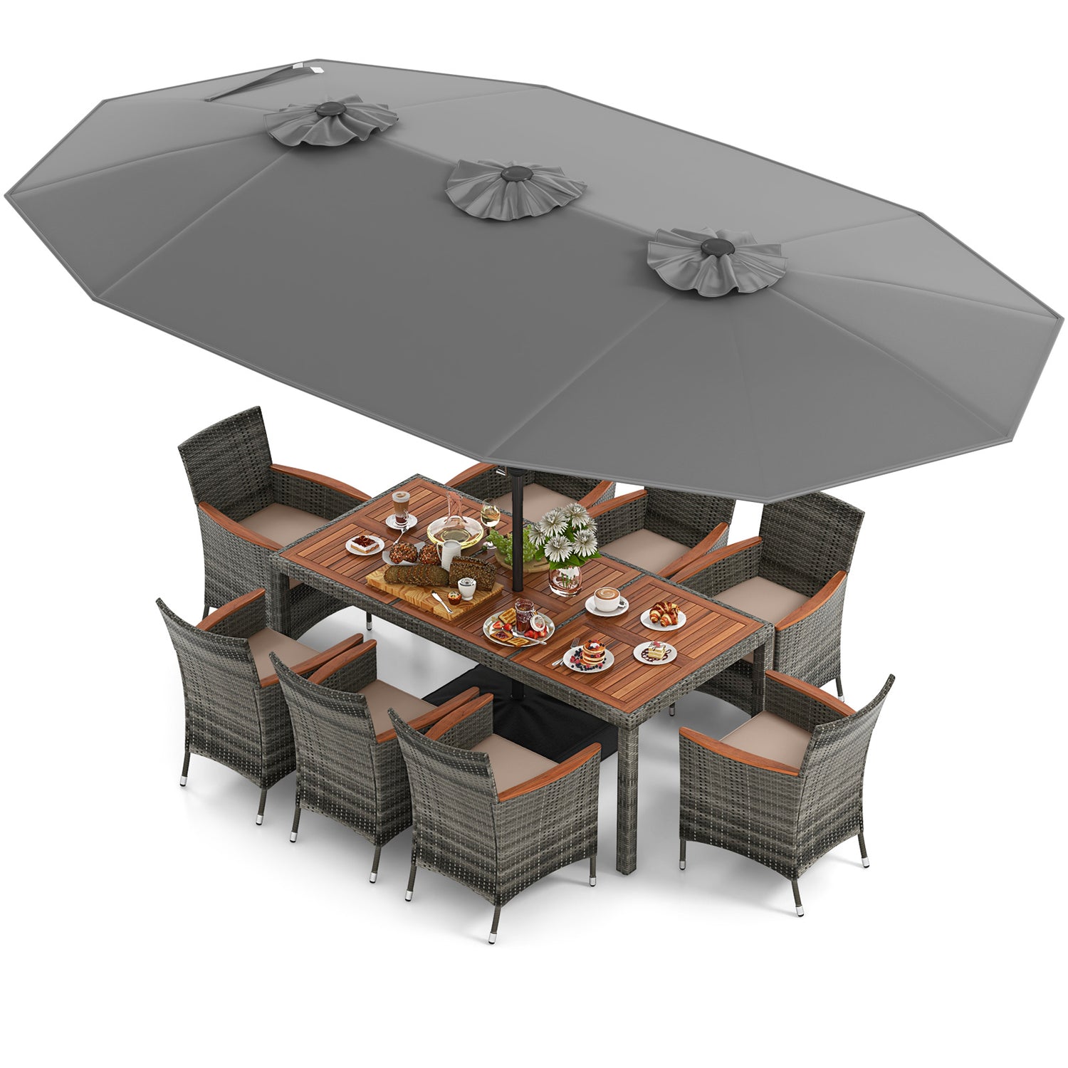 10 Pieces Patio Wicker Dining Set with 15 Feet Double-Sided Patio Umbrella
