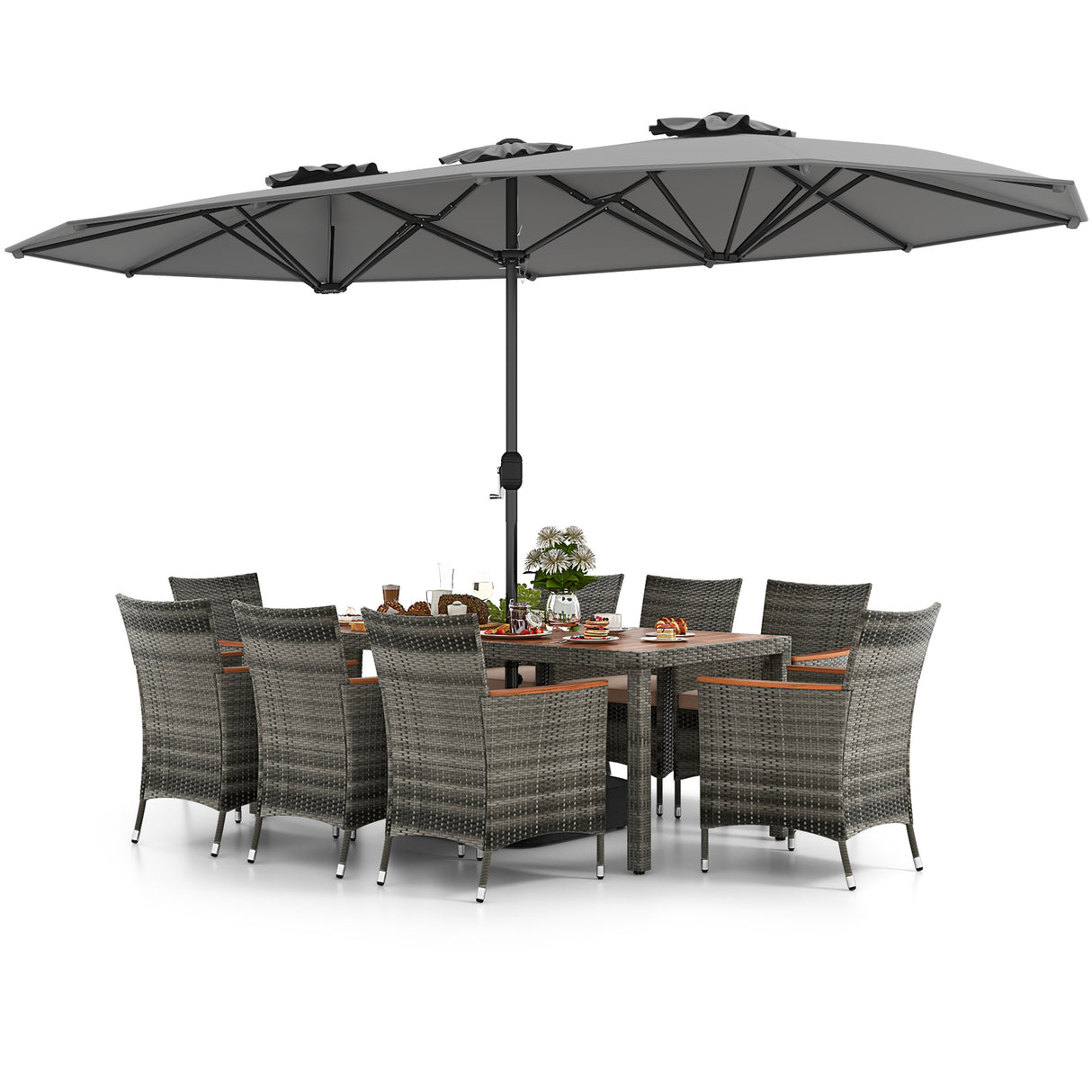 10 Pieces Patio Wicker Dining Set with 15 Feet Double-Sided Patio Umbrella