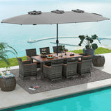 10 Pieces Patio Wicker Dining Set with 15 Feet Double-Sided Patio Umbrella