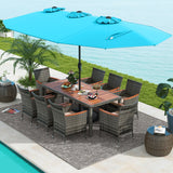 10 Pieces Patio Wicker Dining Set with 15 Feet Double-Sided Patio Umbrella