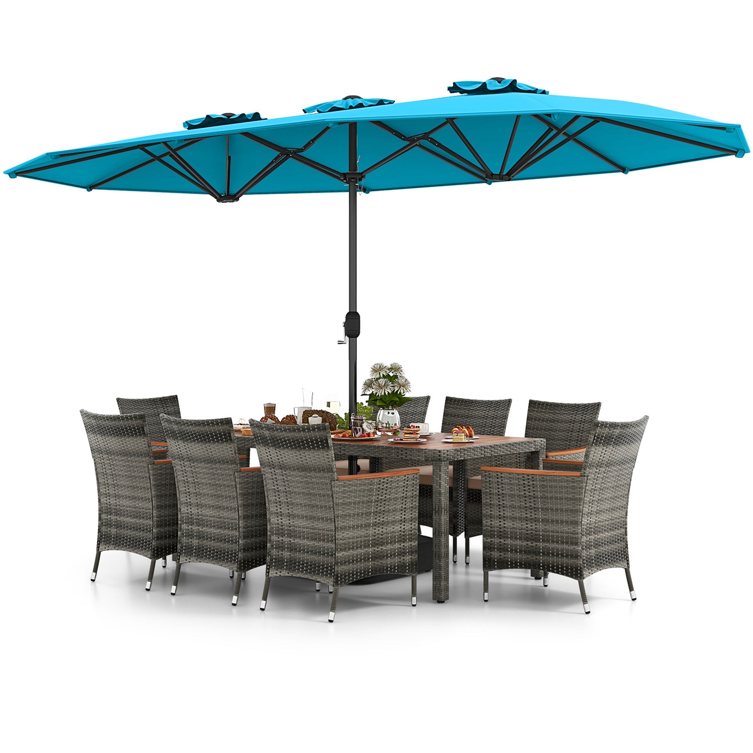 10 Pieces Patio Wicker Dining Set with 15 Feet Double-Sided Patio Umbrella