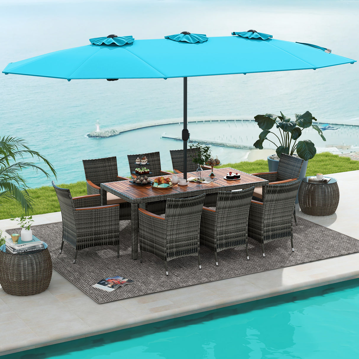 10 Pieces Patio Wicker Dining Set with 15 Feet Double-Sided Patio Umbrella