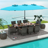 10 Pieces Patio Wicker Dining Set with 15 Feet Double-Sided Patio Umbrella