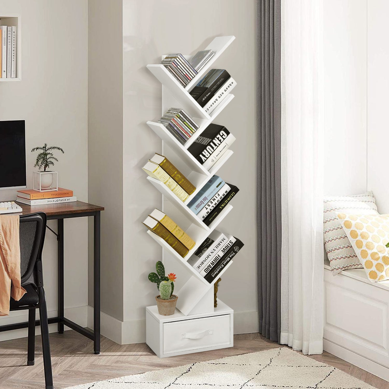 10-tier Tree Bookshelf with Drawer Free-standing Storage Bookcase