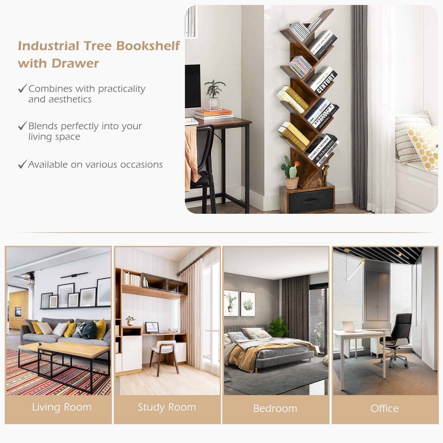 10-tier Tree Bookshelf with Drawer Free-standing Storage Bookcase