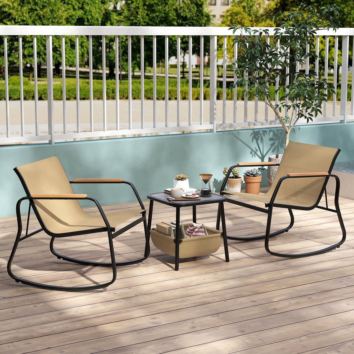 3 Piece Rocking Bistro Chairs and Side Table Set with Storage Bag-Brown