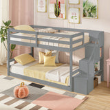 Twin Over Twin Low Bunk Bed with Storage Stairs Solid Wood Floor Bunk Bed Frame