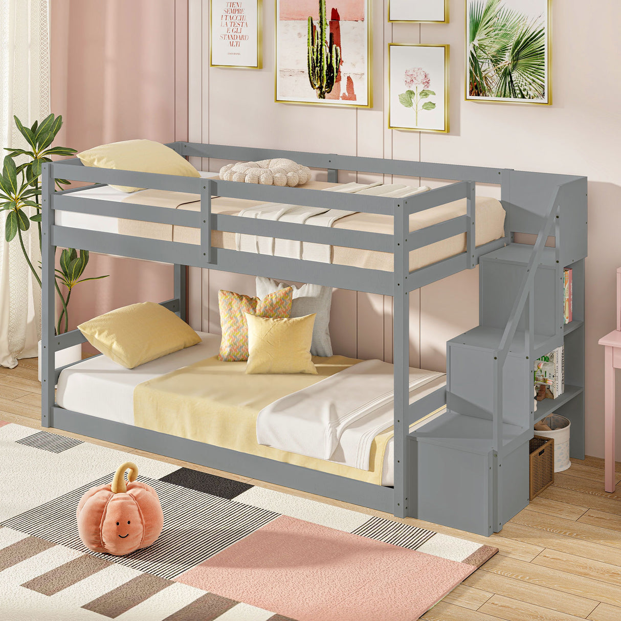Twin Over Twin Low Bunk Bed with Storage Stairs Solid Wood Floor Bunk Bed Frame