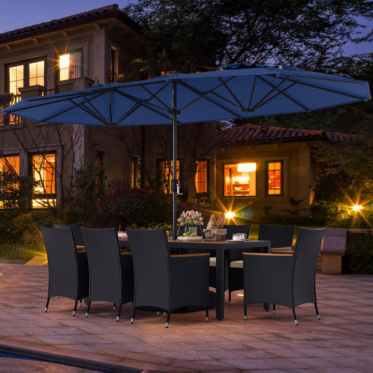 10 Piece Outdoor Dining Set with 15 Feet Double-Sided Twin Umbrella