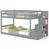 Twin Over Twin Low Bunk Bed with Storage Stairs Solid Wood Floor Bunk Bed Frame