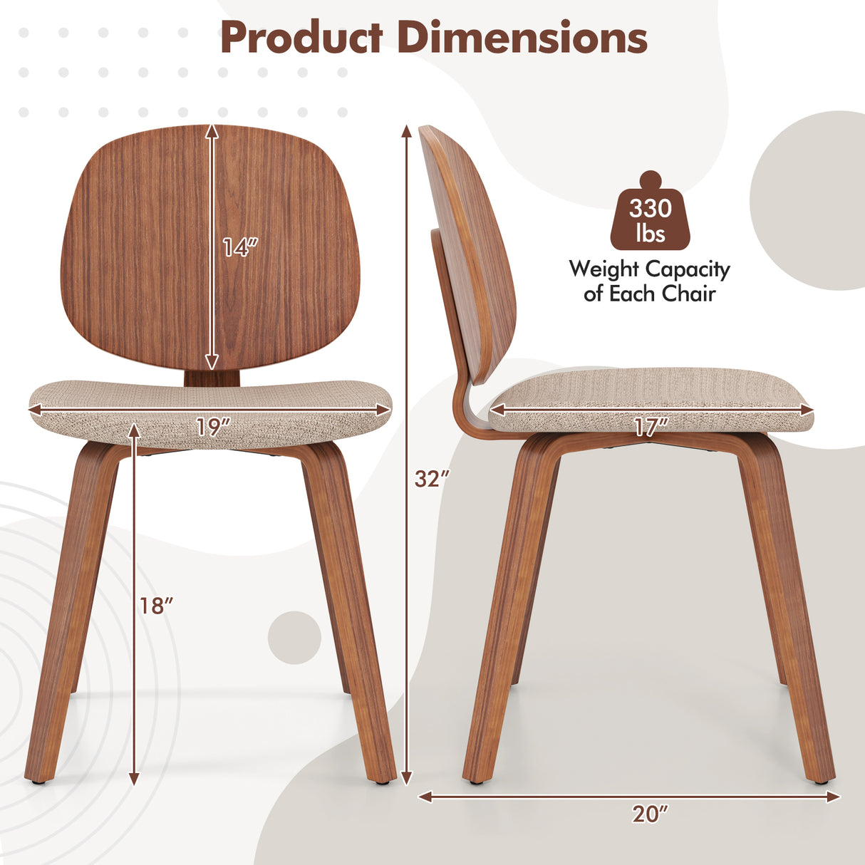 Wooden Dining Chair Set of 2 with Bentwood Frame and Padded Seat-Walnut
