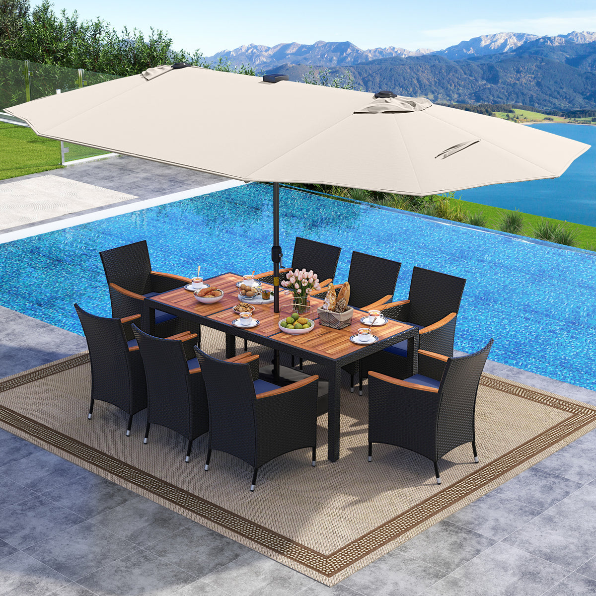 11 Pieces Patio Dining Set with LED Patio Umbrella with Base and Seat Cushions (Navy)