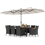 11 Pieces Patio Dining Set with LED Patio Umbrella with Base and Seat Cushions (Navy)