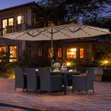 11 Pieces Patio Dining Set with LED Patio Umbrella with Base and Seat Cushions (Navy)